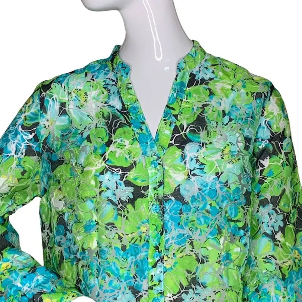 Kim Kim Rogers Petite Button Down Shirt Size LP Green Floral Print